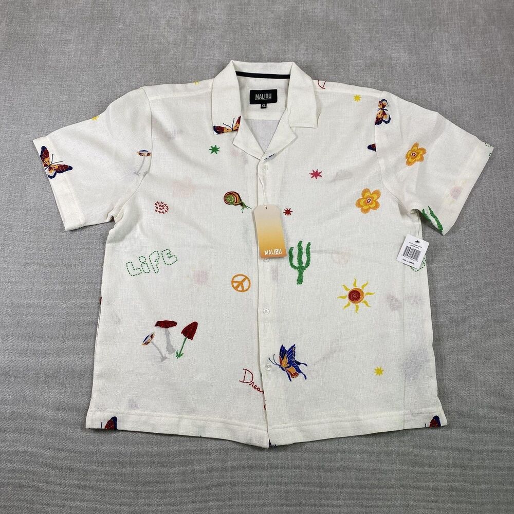 Malibu Drill Shirt Mens XL Ecru Embroidered Hippie Button Up Festival Graphic